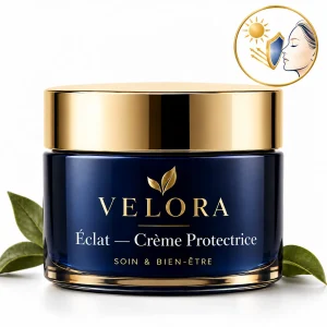 Velora Éclat — Crème Protectrice — médaillon illustrant le thème : soin solaire