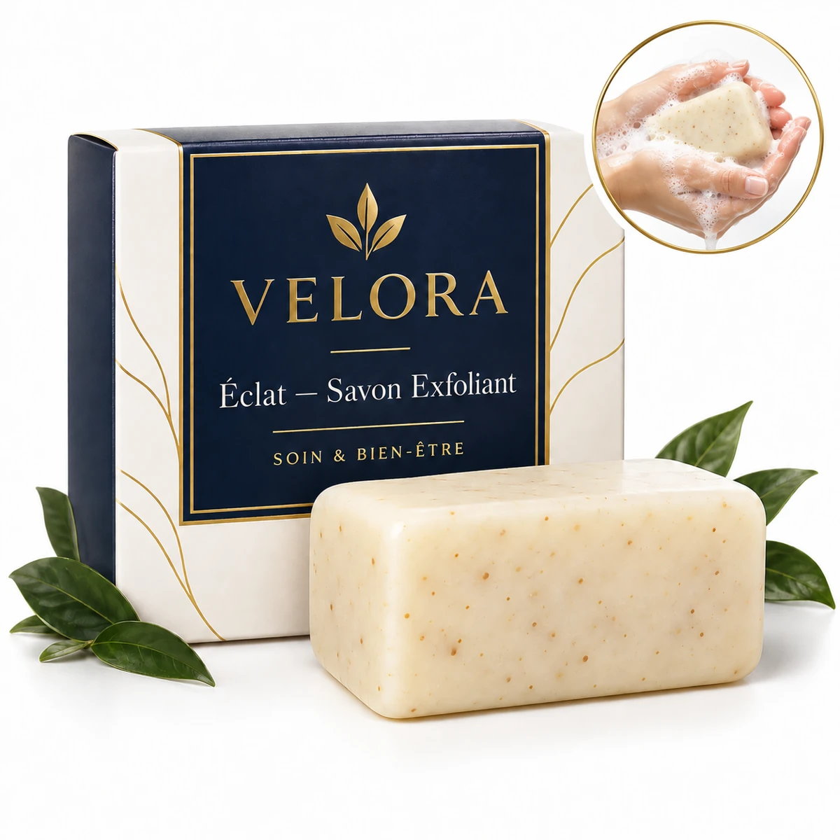 Velora Éclat — Savon Exfoliant — médaillon illustrant le thème : nettoyage de la peau