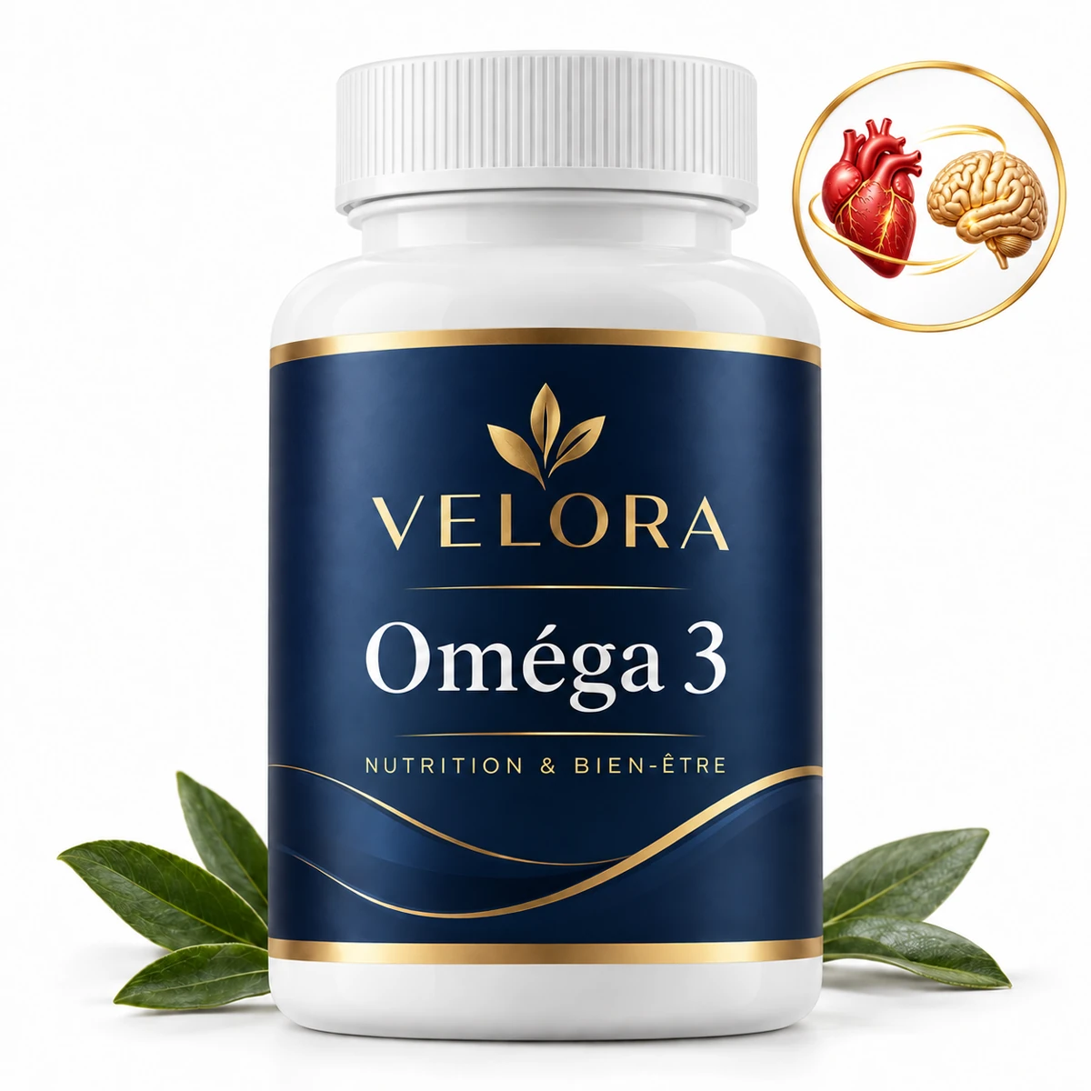 Velora Oméga 3 — médaillon illustrant le thème : cœur et cerveau
